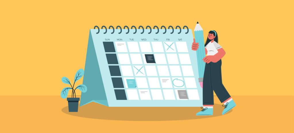 Ilustración vectorial de mujer joven sosteniendo un lápiz para marcar fechas en un calendario grande