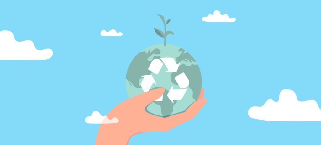 Ilustración mano sosteniendo el planeta tierra con símbolo de reciclaje ambientalmente responsable