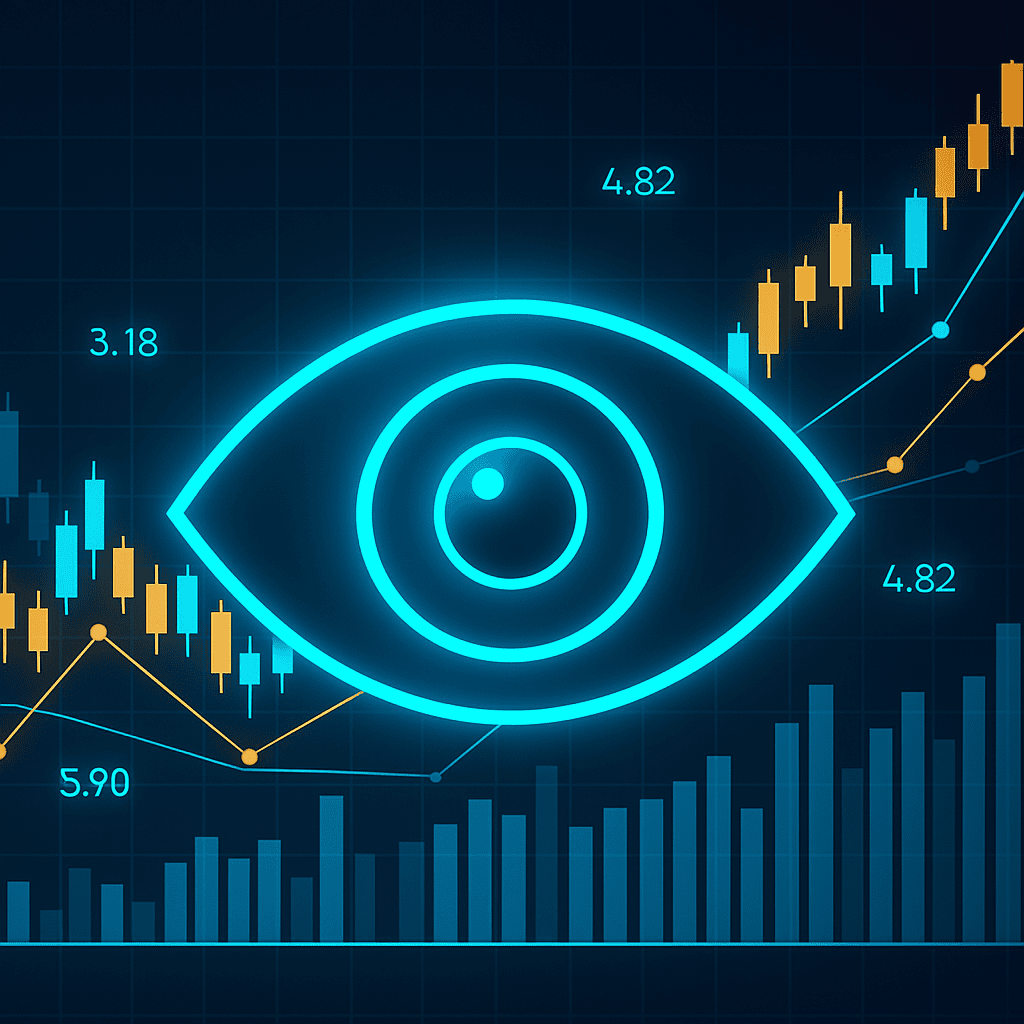 Ilustración digital de una estructura tridimensional con elementos financieros y médicos, que simboliza la inversión en tecnologías avanzadas para oftalmología generada por IA.