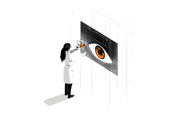 Ilustración vectorial de una doctora frente a una pantalla proyectando un ojo humano
