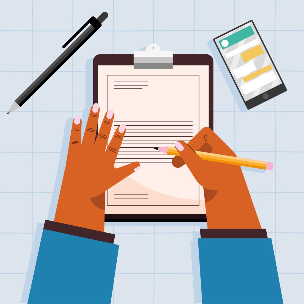 ilustración vectorial de manos escribiendo con un lapiz sobre una hoja de papel en un portapapeles, al lado izquierdo se observa un bolígrafo y al lado derecho un teléfono celular, representando la Carta al editor Vol. 6