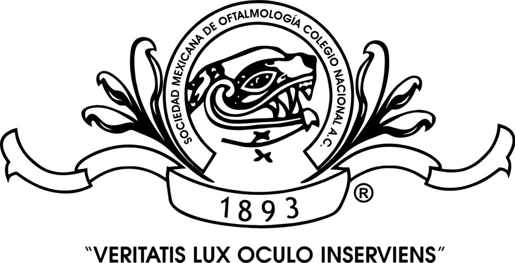 Logotipo institucional en blanco y negro de la Sociedad Mexicana de Oftalmología, que muestra un ojo al centro rodeado de una corona de laurel con la leyenda “Veritatis Lux Oculo Inservenis” y el año de fundación 1893. Representa a la organización profesional de oftalmólogos en México.