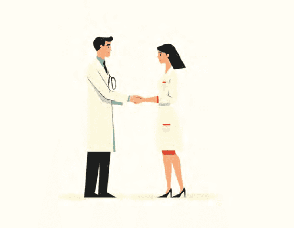 Ilustración vectorial de un doctor apretando manos con una doctora en forma de saludo