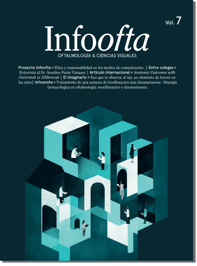 Portada de la revista Infoofta Volumen 7. El diseño muestra un laberinto de estructuras geométricas en tonos azul y blanco, con figuras humanas leyendo o consultando documentos, representando el conocimiento en oftalmología y ciencias visuales. En la parte superior se lee el título "Infoofta" junto con una lista de artículos destacados sobre ética médica, farmacología, arte y entrevistas a especialistas. Estilo visual minimalista y moderno.